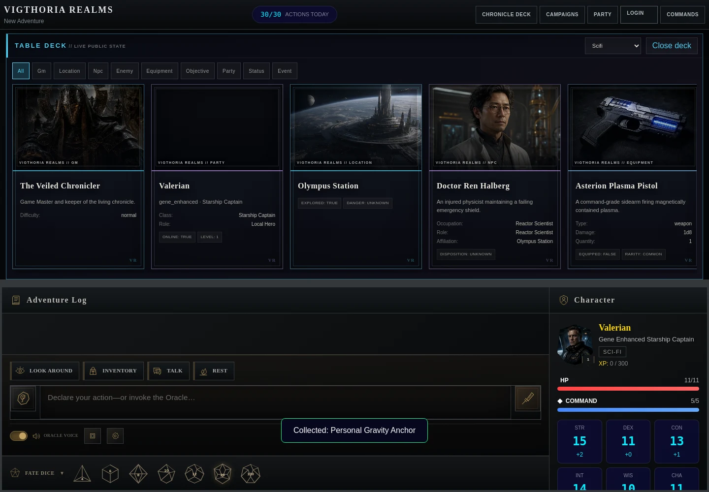Realms gameplay showing the adventure log, character sheet and tabletop interface
