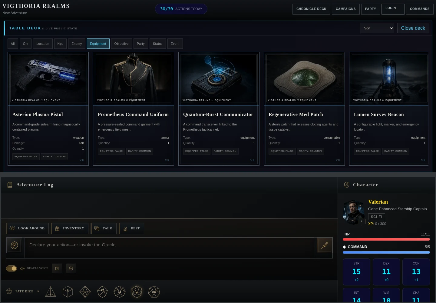 The Realms equipment and card deck interface